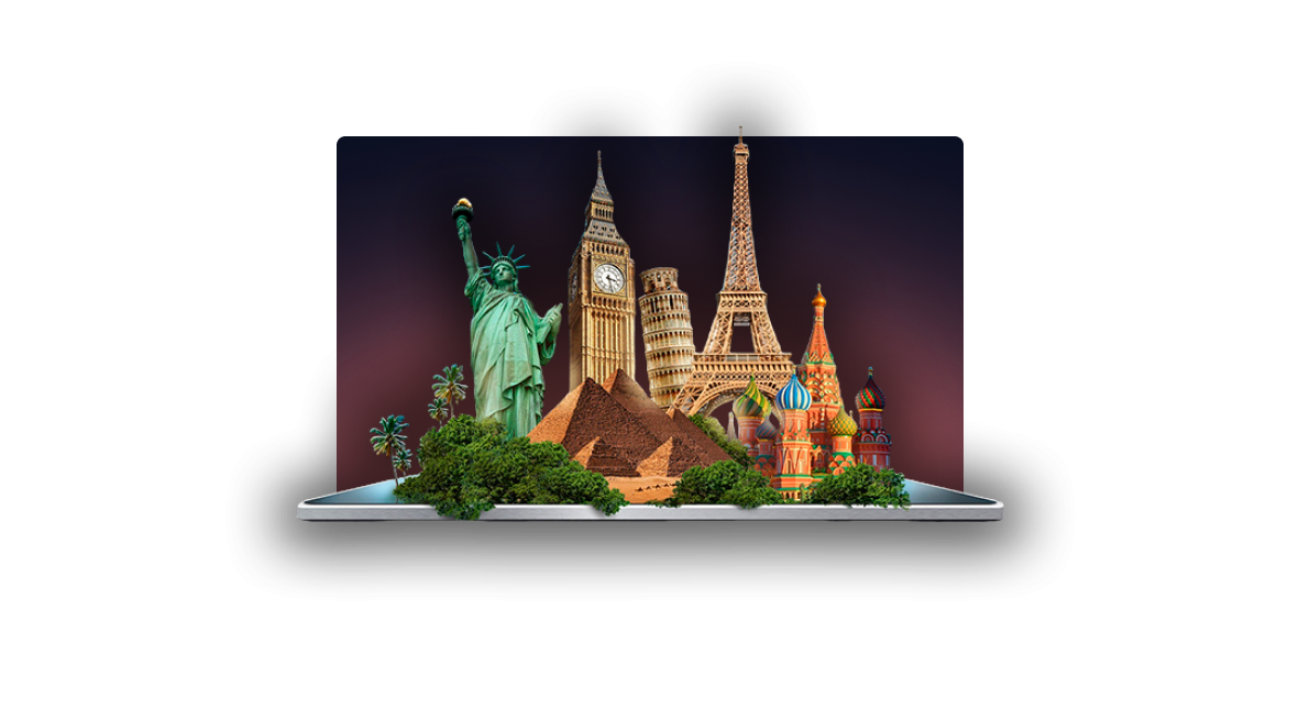 Monumentos famosos saindo de um tablet